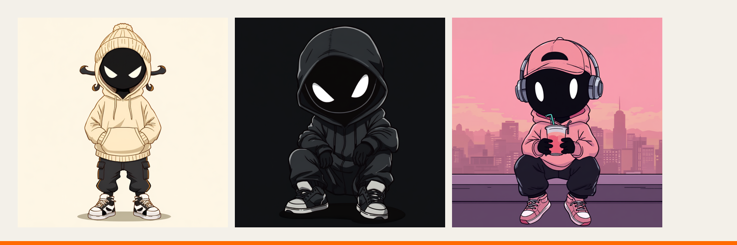 The collection art: three hooded characters, one on paper, one at night, one in pink